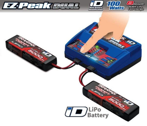 EZ-Peak Dual Schnell-Lader 2x4A & 2x LiPo 5000mAh 3s 25C Set TRAXXAS mit iD, TRX2972GX & 2x TRX2872X (EU-Version)