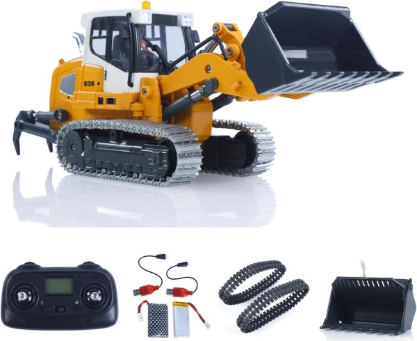 s-idee 1:50 RC Laderaupe LR636 Mini RC Raupenlader Elektro-Hub-Baufahrzeug mit 2.4 GHz Fernsteuerung Metallschaufel Gleisketten & Reißzahn - RTR-Modell inkl Licht/Sound-Funktion Batterien